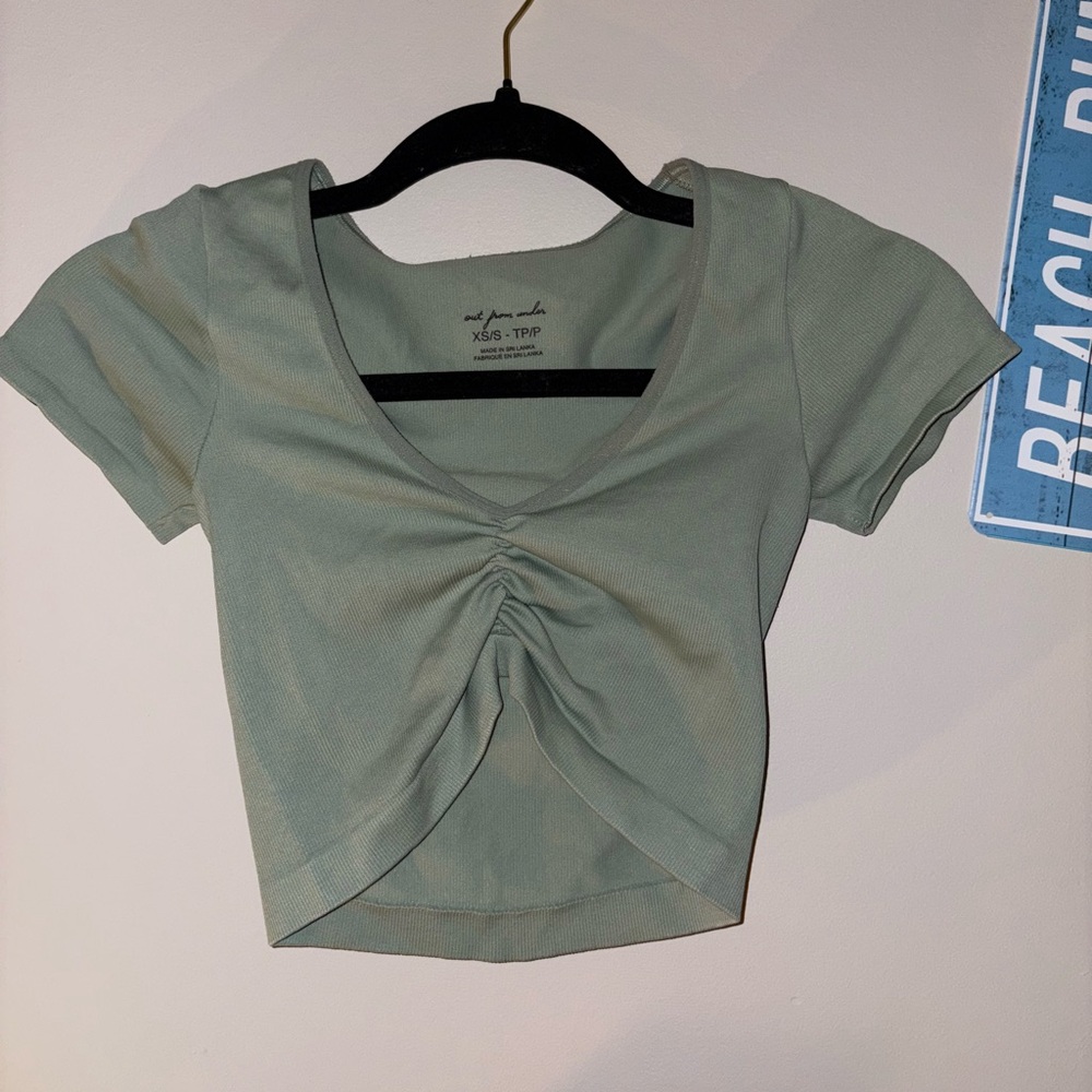 Aerie Green Ruched Tie Front Crop Blouse